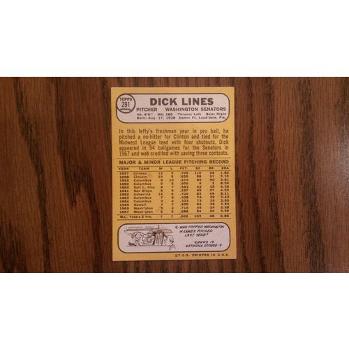 1968 Topps Card # 291 Dick Lines Very Good (3) Washington Senators