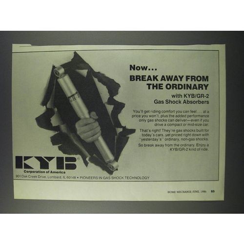 1986 KYB GR-2 Gas Shock Absorbers Ad - Now break away from the ordinary