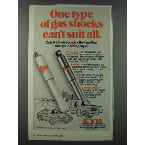 1986 KYB Shocks: Gas-a-just and GR-2 Ad - One type of gas shocks can't suit all