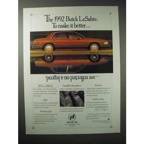 1992 Buick LeSabre Car Ad - Reflected on a Legend