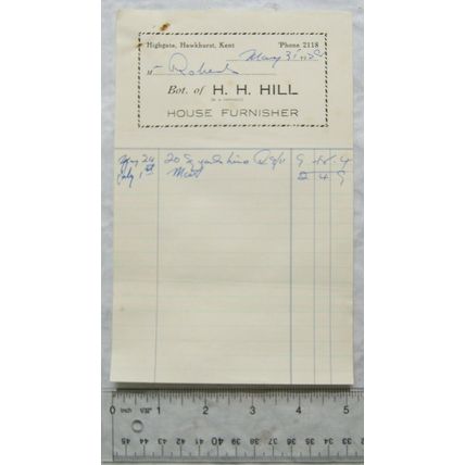 1958 invoice H. H. Hill, house furnisher, Hawkhurst, Kent