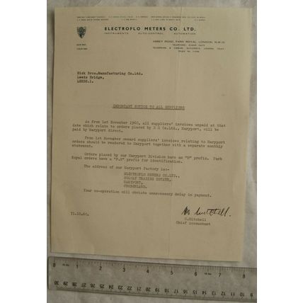 1960 letter Electroflo Meters Co., Park Royal re EM Co, Maryport Factory