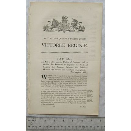 1851 Act of Parliament: Receiver General of Customs & Bank of England