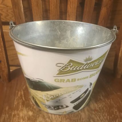 Vintage Budweiser Beer Bucket Grab Some Buds Collectible Tin Football Games