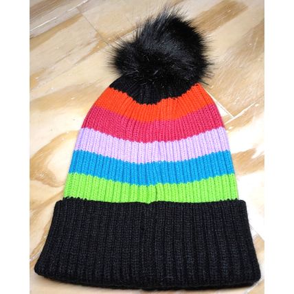 Matrix Pom Pom Ski Winter Hat Cap Beanie Hair Care Striped Hat Rainbow - NWT