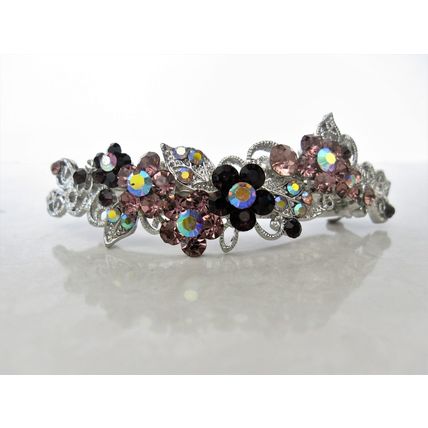 Large silver leaves flowers pink purple amber brown crystal hair barrette