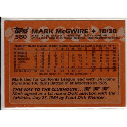 1988 Topps Mark McGwire all-star rookie card #580 NM – Athletics, A’s