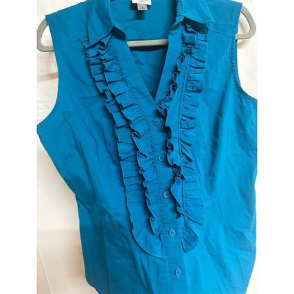 Vintage 80s Worthington Women's Blue Sleeveless Ruffle Blouse Size L