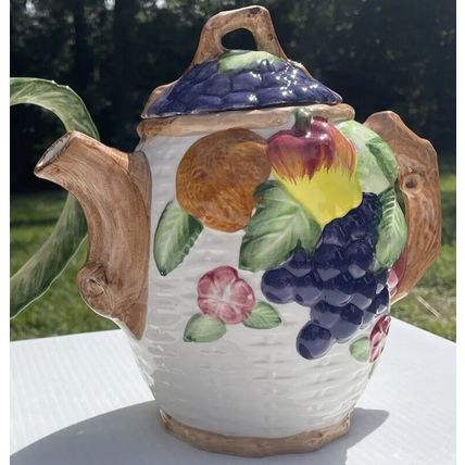 Fruit/ Floral Teapot Coffee Pot, Decor Basket Weave Look, Stem Handle 8in Tall
