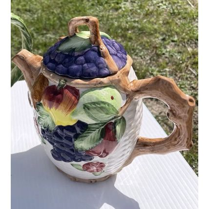 Fruit/ Floral Teapot Coffee Pot, Decor Basket Weave Look, Stem Handle 8in Tall
