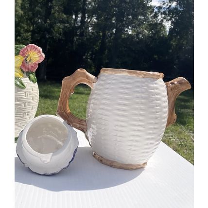 Fruit/ Floral Teapot Coffee Pot, Decor Basket Weave Look, Stem Handle 8in Tall
