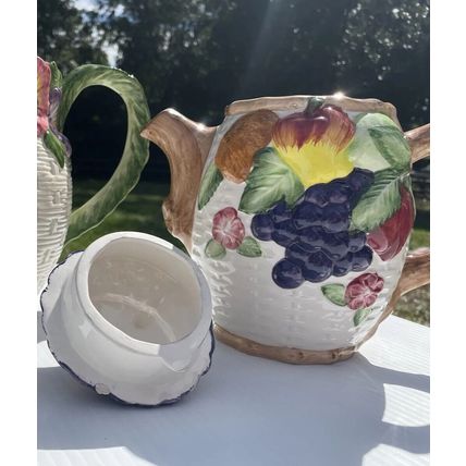 Fruit/ Floral Teapot Coffee Pot, Decor Basket Weave Look, Stem Handle 8in Tall