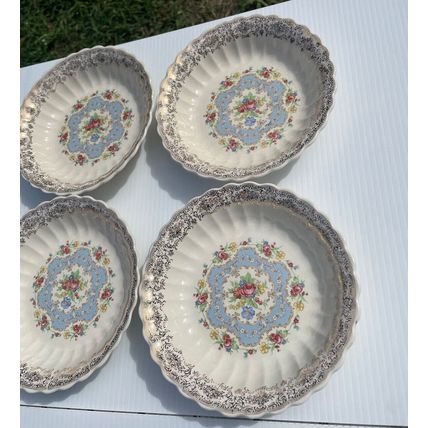 VTG Set of 4 American Limoges Lyric 22K Gold Trim Bowls 8” Floral Heavy Crazing