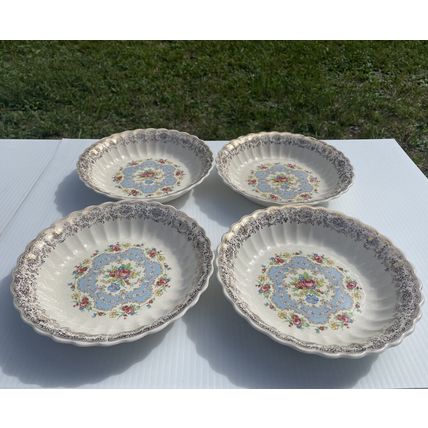 VTG Set of 4 American Limoges Lyric 22K Gold Trim Bowls 8” Floral Heavy Crazing