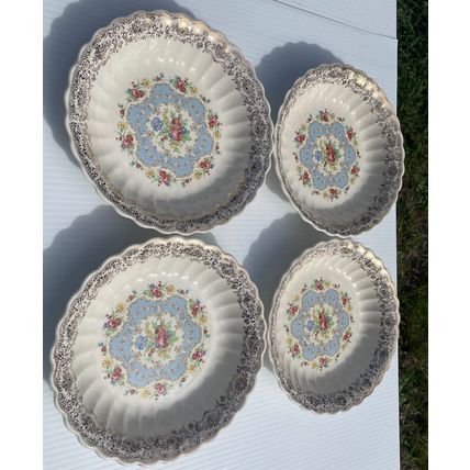 VTG Set of 4 American Limoges Lyric 22K Gold Trim Bowls 8” Floral Heavy Crazing