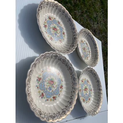 VTG Set of 4 American Limoges Lyric 22K Gold Trim Bowls 8” Floral Heavy Crazing