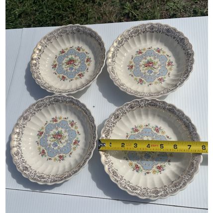 VTG Set of 4 American Limoges Lyric 22K Gold Trim Bowls 8” Floral Heavy Crazing