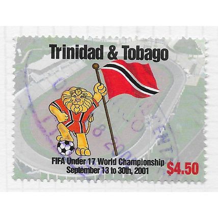 TRINIDAD & TOBAGO 2001 FIFA SOCCER U17 LION FOOTBALL FLAG STADIUM $4.50 USED