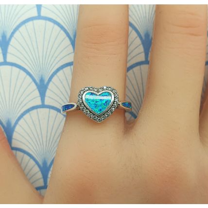 Vintage 925 Sterling Silver and Created Aqua Blue Fire Opal Heart Ring with Box