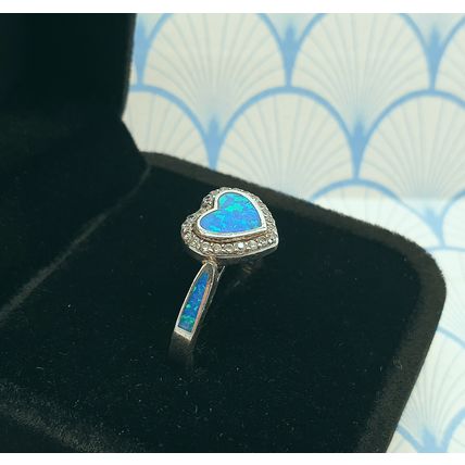 Vintage 925 Sterling Silver and Created Aqua Blue Fire Opal Heart Ring with Box