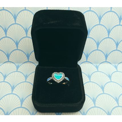 Vintage 925 Sterling Silver and Created Aqua Blue Fire Opal Heart Ring with Box