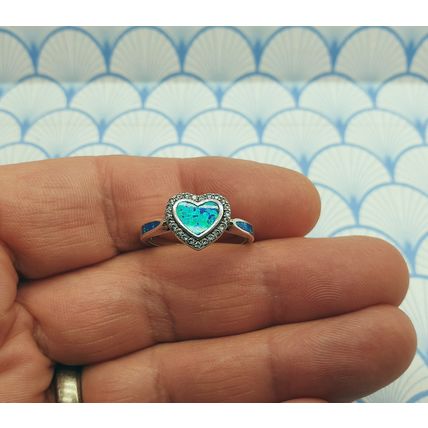 Vintage 925 Sterling Silver and Created Aqua Blue Fire Opal Heart Ring with Box