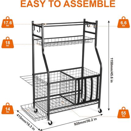 Sinoer Garage Sports Equipment Organizer with Hooks,Ball Storage Rack, Sports Eq