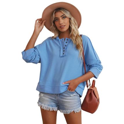 Sky Blue Casual Button Solid Patchwork Trim Hoodie