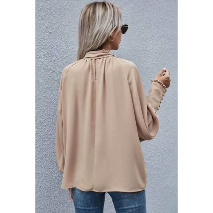 Khaki Frilled Knotted Mock Neck Bishop Sleeve Blouse
