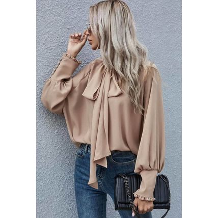 Khaki Frilled Knotted Mock Neck Bishop Sleeve Blouse