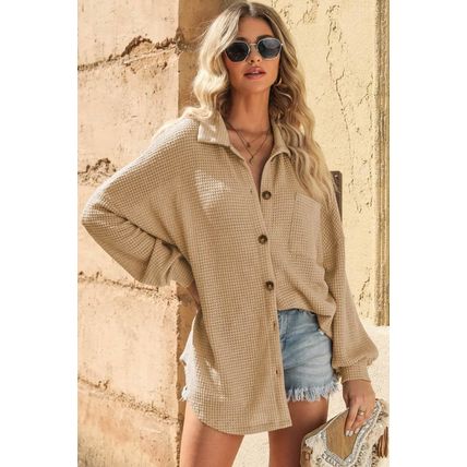 Khaki Waffle Knit Button Up Casual Shirt