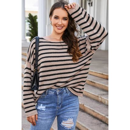 Striped Print Dropped Shoulder Loose Sleeve Sweater