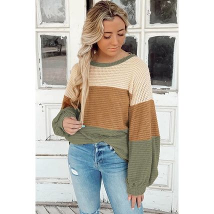 Green Stripe Textured Color Block Bubble Sleeve Baggy Top