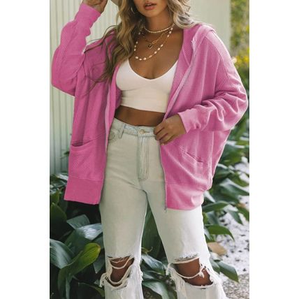 Rose Thermal Waffle Knit Full Zipper Hooded Jacket