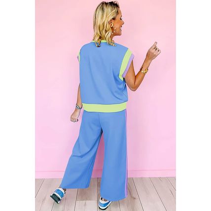 Sky Blue Color Block Detail Casual Two-piece Outfit