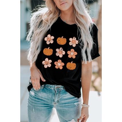 Black Pumpkin Flower Print Short Sleeve Graphic Top