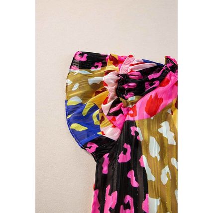Rose Leopard Flutter Sleeve V Neck Crinkled Blouse