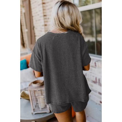 Carbon Grey Ribbed Textured Knit Loose Fit Tee and Shorts Set