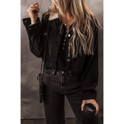 Black Fleece Lined Button-up Collared Corduroy Crop Jacket