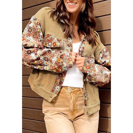 Khaki Waffle Knit Floral Print Patchwork Button up Jacket