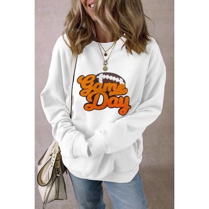 White Chenille Game Day Rugby Football Pattern Pullover Sweatshirt