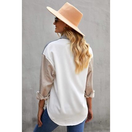 White Sequin Rugby Graphic Flap Pockets Corduroy Shacket