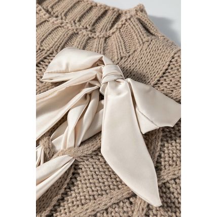 Simply Taupe Cable Knit Colorblock Satin Bowknot Short Sleeve Sweater