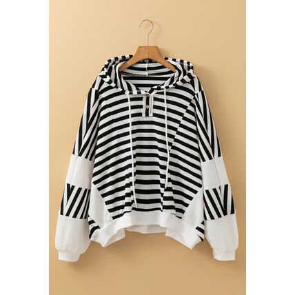 Black white Oversized Striped Henley Buttons Dolman Sleeve Hooded Top