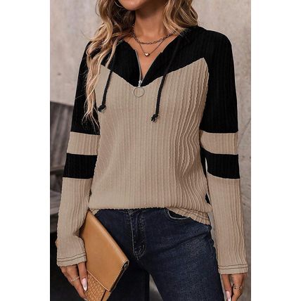 Parchment Textured Colorblock Long Sleeve Quarter Zip Drawstring Hooded Top