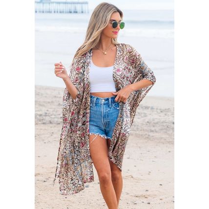 Apricot Floral Print Short Wide Sleeve Open Front Loose Kimono