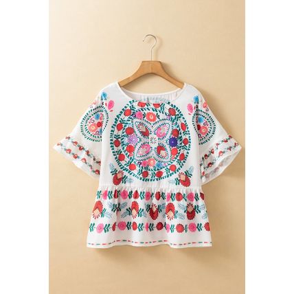 White Boho Floral Print Round Neck Ruffle Trim Blouse