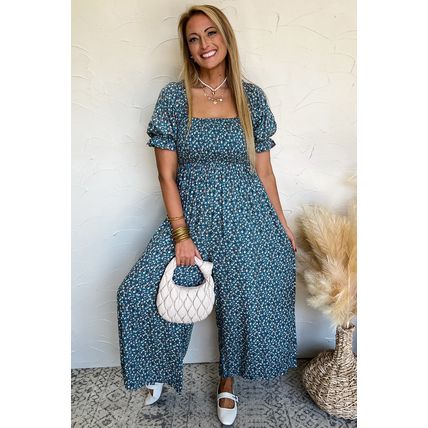 Blue Vintage Boho Floral Smocked Short Puff Sleeve Wide Leg Jumpsuit