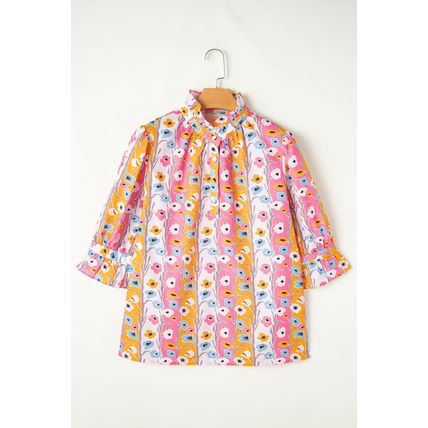 Pink Floral Ruffled Collar Bracelet Sleeve Plus Size Blouse Top