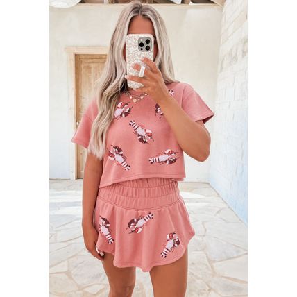 Blossom Sequin Crawfish Graphic Cropped Tee High Waist Skort 2pcs Outfit